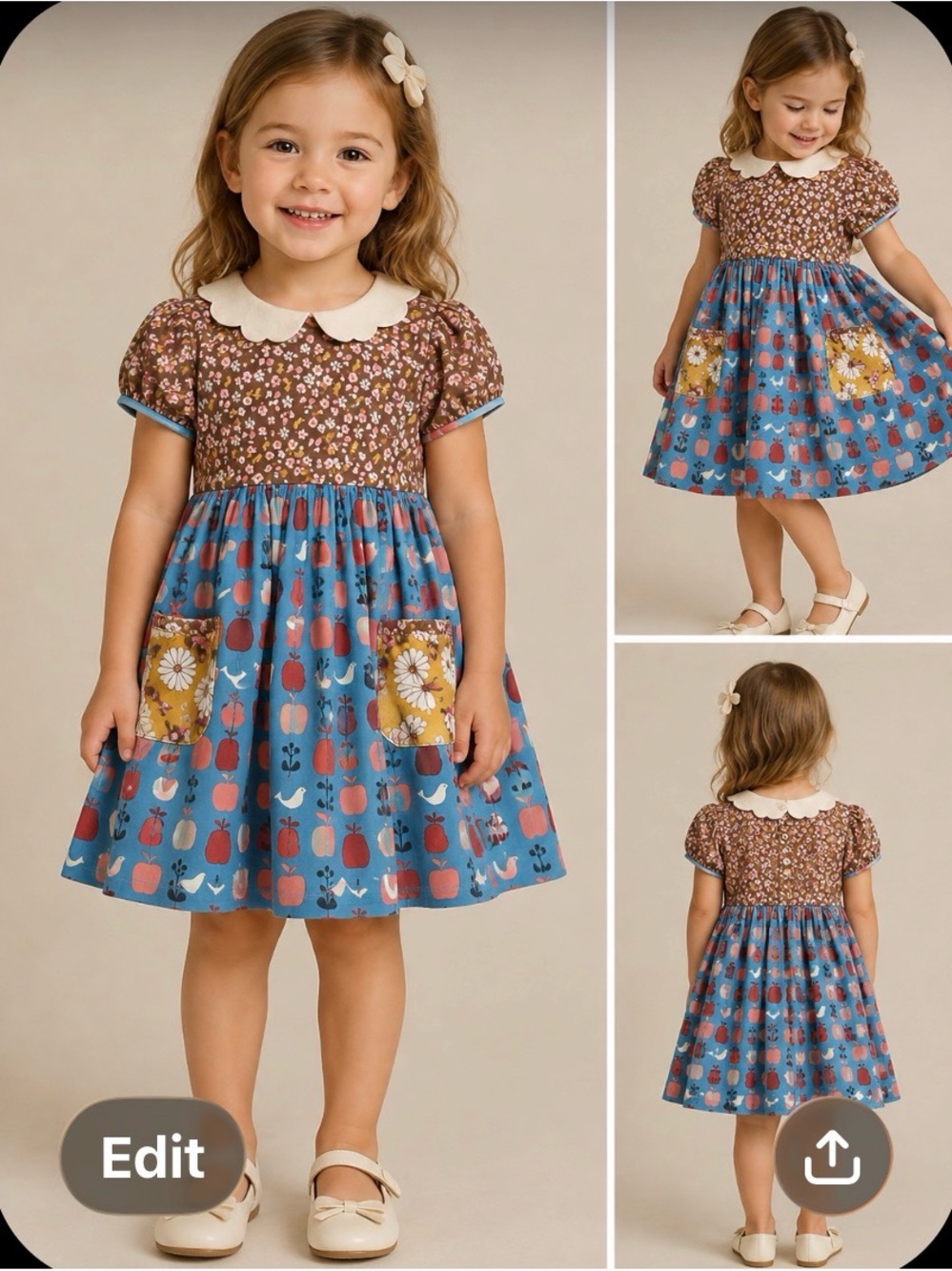 WILDFLOWERS Girls Blue & Brown Floral Apple Print Dress with Peter Pan Collar